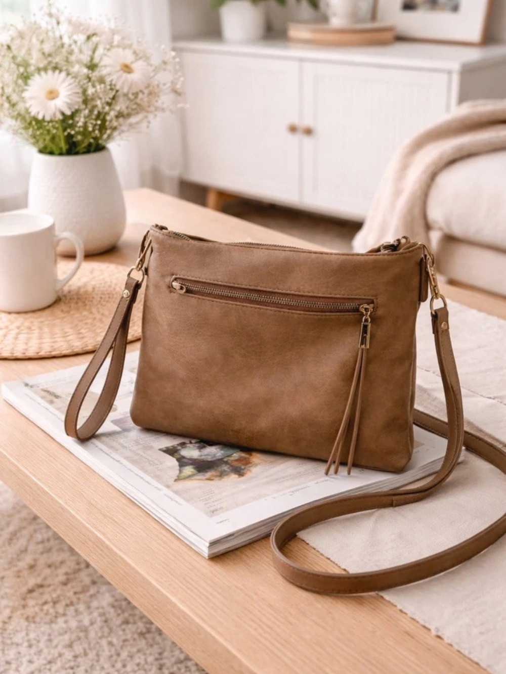 Shiraleah Brown Crossbody Bag with Tassel Zip